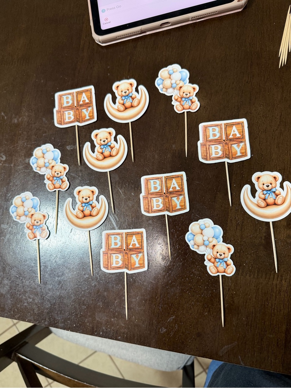 Baby Shower Teddy & Block Cupcake Toppers - Blue and Cream